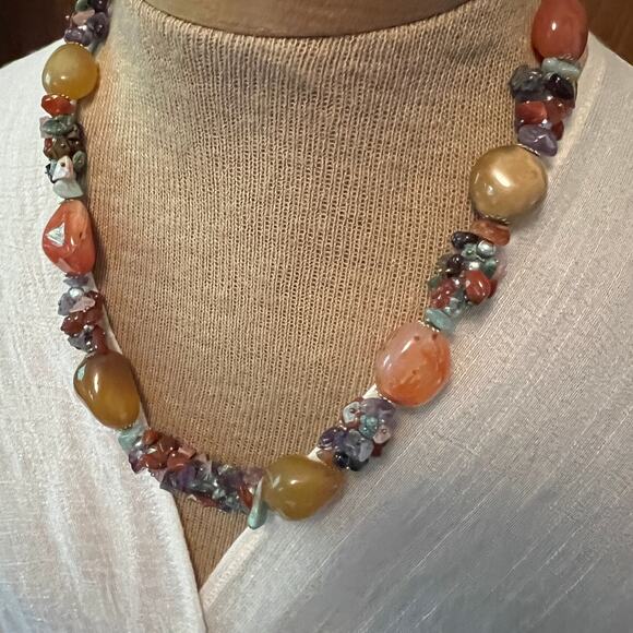 Vtg semi precious stone chunky statement necklace agate amethyst quartz cluster - Picture 3 of 4